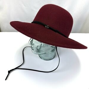 Prana NEW felt brim hat Stevie Black plum wool dome crown chin strap